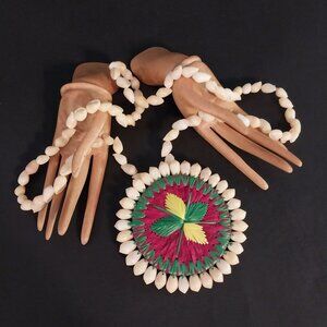 Cowrie Shell Lei Necklace With Floral Woven Pendant Medallion Red Green Yellow